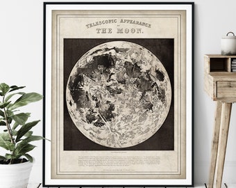 1851 Telescopic View of the Moon Print, Vintage Lunar Surface Map Art, Antique Map Print, Moon Map, Astronomy Gift, Celestial Wall Decor