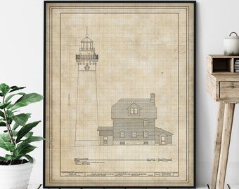 Outer Island Lighthouse Elevation Print - Lighthouse Art, Architectural Drawing, Nautical Wall Decor, Coastal Print, Lake Superior Wall Art