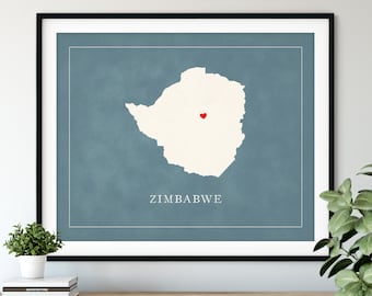 Custom Zimbabwe Map Art - Heart Over ANY City - Customized Country Map Silhouette, Personalized Gift, Hometown Love Print, Travel Heart Map