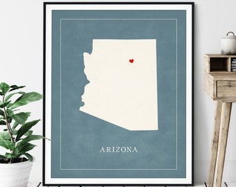 Custom Arizona Map Art - Heart Over ANY City - Customized State Map Silhouette, Personalized Gift, Hometown Love Print, Travel Heart Map
