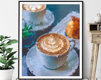 Cappuccino Print "At the Cafe" -Coffee Gift, Coffee Bar Decor, Oil Painting Poster, Kitchen Wall Art, Foodie Gift, Breakfast Nook Wall Decor