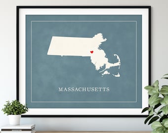 Custom Massachusetts Map Art, Heart Over ANY City, Customized State Map Silhouette, Personalized Gift, Hometown Love Print, Travel Heart Map