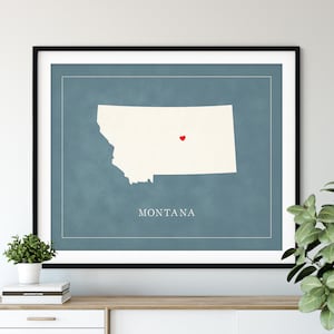 Art personnalisé de carte du Montana - coeur au-dessus de n'importe quelle ville - silhouette de carte d'état personnalisée, cadeau personnalisé, impression d'amour de ville natale, carte de coeur de voyage