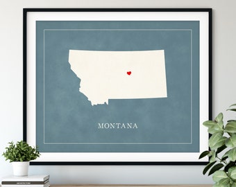 Custom Montana Map Art - Heart Over ANY City - Customized State Map Silhouette, Personalized Gift, Hometown Love Print, Travel Heart Map