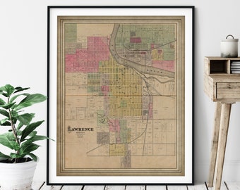 1887 Lawrence Kansas Map Print, Vintage Map Art, Antique Lawrence KS Map, Old Map, Living Room Wall Art, Housewarming Gift, Kansas Print