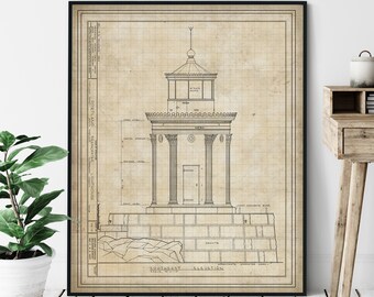 Portland Breakwater Lighthouse Elevation Print - Bug Light, Lighthouse Art, Architectural Drawing, Nautical Wall Decor, Coastal Print, Maine