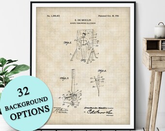 Knife Throwing Illusion Patent Print - Customizable Magic Blueprint Plan, Aspiring Magician Gift, Magic Trick Poster, Magic Art, Sideshow