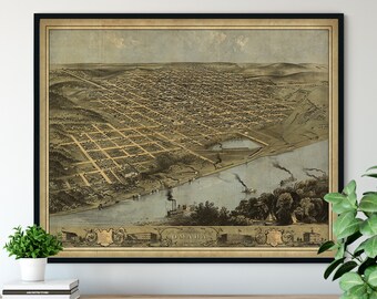 1868 Omaha Nebraska Birds Eye View Print - Vintage Map Art, Antique Map Print, Aerial View Poster, Historical Art, Ohio Wall Art, Street Map