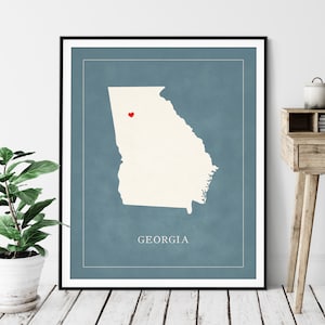 Art de carte personnalisé de la Géorgie - coeur au-dessus de n'importe quelle ville - silhouette de carte d'état personnalisée, cadeau personnalisé, impression d'amour de ville natale, carte de coeur de voyage