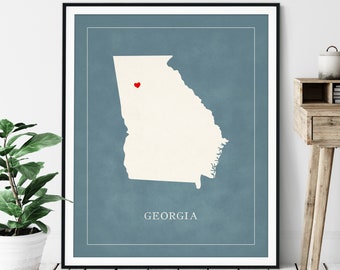 Custom Georgia Map Art - Heart Over ANY City - Customized State Map Silhouette, Personalized Gift, Hometown Love Print, Travel Heart Map