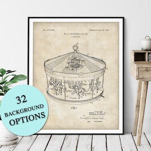 May include: A black and white line drawing of a carousel patent, showing a carousel with horses and a roof. The patent number is 3,191,930 and the patent date is June 29, 1965. The inventors are Warren C. Cottrell and Frederick H.R. Schuck.