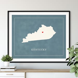 Art de carte personnalisé du Kentucky - coeur sur n'importe quelle ville - silhouette de carte d'état personnalisée, cadeau personnalisé, impression amour ville natale, carte coeur de voyage
