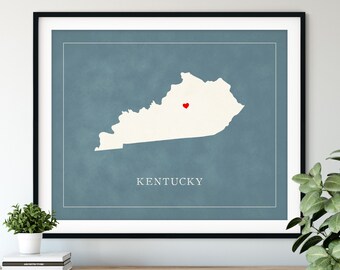 Custom Kentucky Map Art - Heart Over ANY City - Customized State Map Silhouette, Personalized Gift, Hometown Love Print, Travel Heart Map