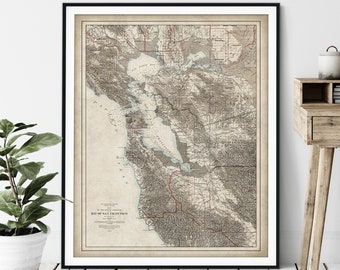 1873 Bay of San Francisco Map Print - Vintage California Map Art, Antique Map, Old Map Poster, Santa Clara, San Jose, Sausalito, San Rafael