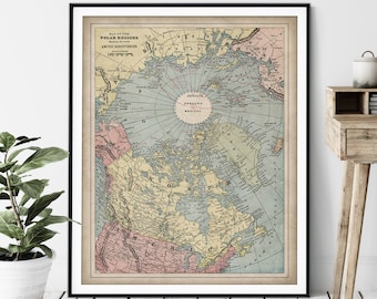 1901 Polar Regions Map Print - Vintage Map Art, Antique Arctic Discoveries Map Poster, North Pole, Arctic Ocean, North America, Greenland