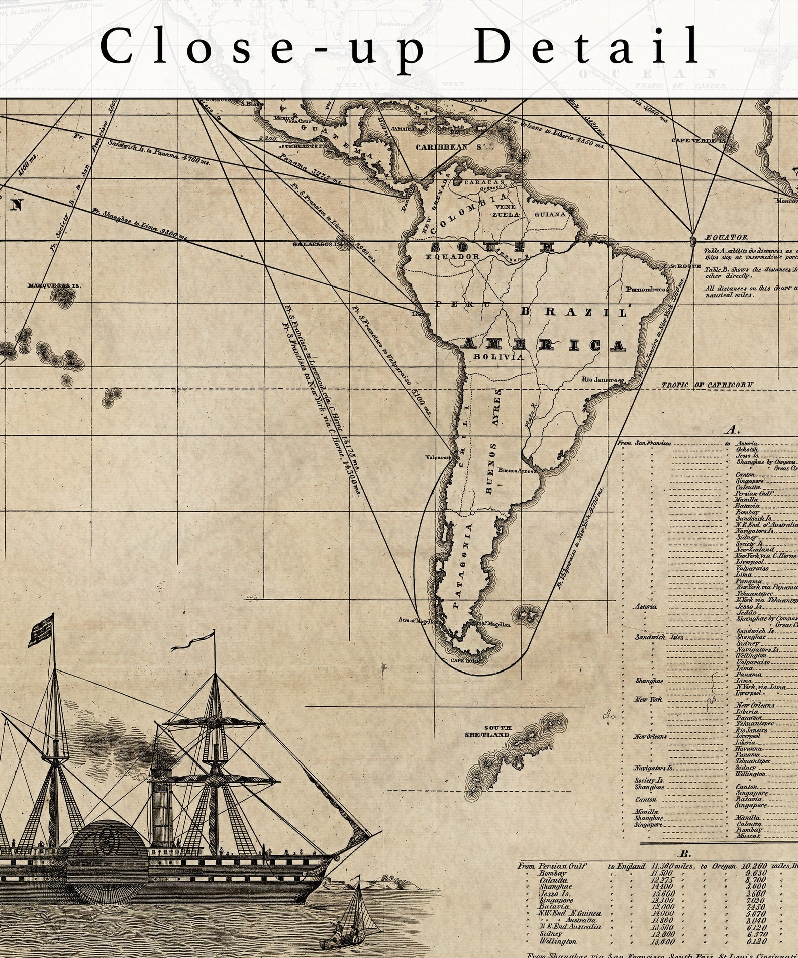 1850 World Map Sailing Chart Print Vintage Map Art Antique Etsy