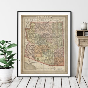 Impression de carte de l'Arizona de 1897, art de l'Arizona, art de la carte vintage, décoration murale carte ancienne, art mural Arizona, impression de l'Arizona, carte de l'État, affiche de carte, comté