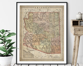 1897 Arizona Map Print, Arizona Art, Vintage Map Art, Antique Map Wall Decor, Arizona Wall Art, Arizona Print, State Map, Map Poster, County