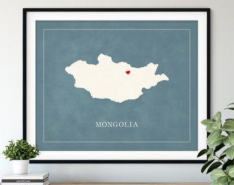 Custom Mongolia Map Art - Heart Over ANY City - Customized Country Map Silhouette, Personalized Gift, Hometown Love Print, Travel Heart Map