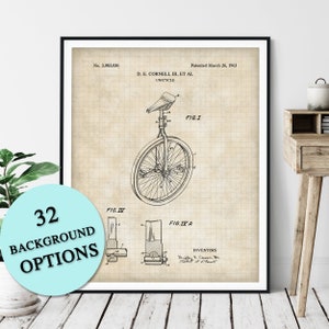 May include: A vintage patent drawing for a unicycle, titled "D. E. CORNELL III, ET AL UNICYCLE" and bearing the patent number "3,083,036". The drawing depicts a side view of the unicycle, featuring a seat, handlebars, and a single wheel.