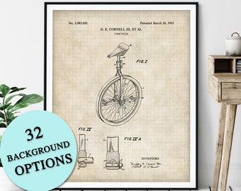 Unicycle Patent Print - Customizable Blueprint Plan, Carnival Poster, Circus Act Art, Circus Gift, Circus Print, Clown, Street Performer