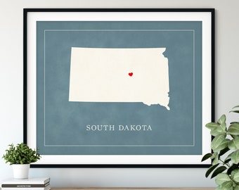 Custom South Dakota Map Art, Heart Over ANY City, Customized State Map Silhouette, Personalized Gift, Hometown Love Print Travel Heart Map