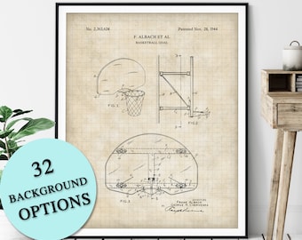 Basketball Hoop Patent Print - Customizable Basketball Blueprint Plan, Basketball Player Gift, Home Gym Wall Decor, Antique Game Room Art