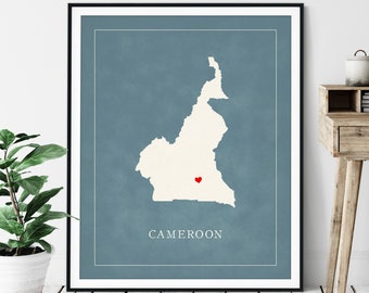 Custom Cameroon Map Art - Heart Over ANY City - Customized Country Map Silhouette, Personalized Gift, Hometown Love Print, Travel Heart Map