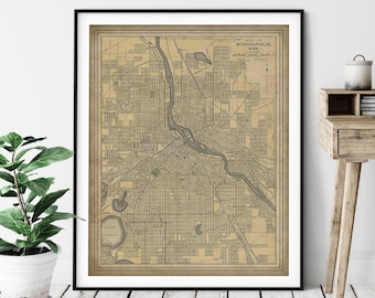 1891 Minneapolis Minnesota Map Print, Vintage Minneapolis Map Art, Antique Minneapolis MN Map, Minneapolis Art, Old Map, Living Room Art