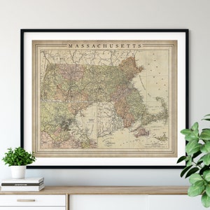 1897 Massachusetts Map Print, Vintage Map Art, Antique Map, Old Map, County Map Wall Art, State Map, Massachusetts Art, Massachusetts Print