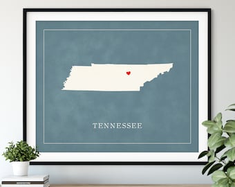 Custom Tennessee Map Art, Heart Over ANY City, Customized State Map Silhouette, Personalized Gift, Hometown Love Print Travel Heart Map