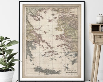 1874 Coasts & Islands of Aegean Sea Map Print - Vintage Map Art, Antique Map, Old Map Poster, Greek Islands, Attica, Crete, Athens, Greece