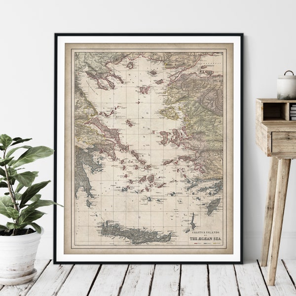1874 Coasts & Islands of Aegean Sea Map Print - Vintage Map Art, Antique Map, Old Map Poster, Greek Islands, Attica, Crete, Athens, Greece