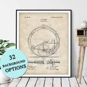 Monocycle Patent Print: Customizable Monowheel Bicycle Blueprint Art