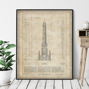 Chicago Water Tower Elevation Print: Historic Landmark Architectural Blueprint Art