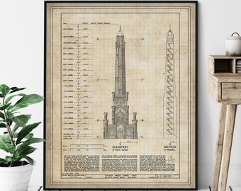 Chicago Water Tower Elevation Print - Historic Landmark Blueprint, Architecture Plan, Architectural Drawing, Chicago Art, Chicago Print Gift