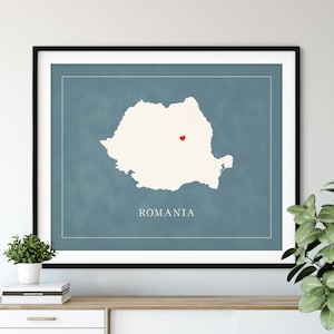 Custom Romania Map Art - Heart Over ANY City - Customized Country Map Silhouette, Personalized Gift, Hometown Love Print Travel Heart Map