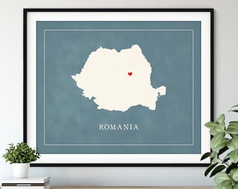 Custom Romania Map Art - Heart Over ANY City - Customized Country Map Silhouette, Personalized Gift, Hometown Love Print Travel Heart Map