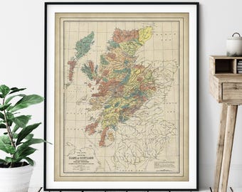 1899 Clans of Scotland Map Print - Vintage Map Art, Scottish Last Name Origin, Antique Scotland Surname Wall Art, Family History, Old Maps