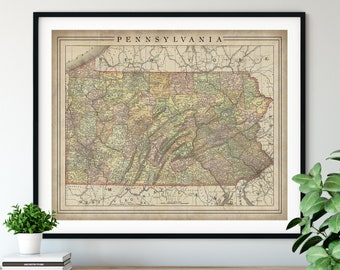 1897 Pennsylvania Map Print, Vintage Map Art, Antique Map, Old Map, County Map Wall Art, State Map, Pennsylvania Art, Pennsylvania Print