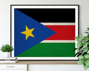 South Sudan Flag Art, South Sudan Flag Print, Vintage Flag Poster, Country Flags, Flag Painting, Wall Decor, African Flags, Wall Art Gift