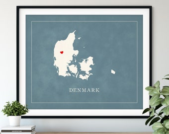 Custom Denmark Map Art - Heart Over ANY City - Customized Country Map Silhouette, Personalized Gift, Hometown Love Print, Travel Heart Map