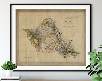1906 Oahu Map Print, Vintage Map Art, Antique Map, Old Map, Oahu Map Art, Oahu Gift, Oahu Print, Oahu Art, Pearl Harbor, Waikiki Beach Print