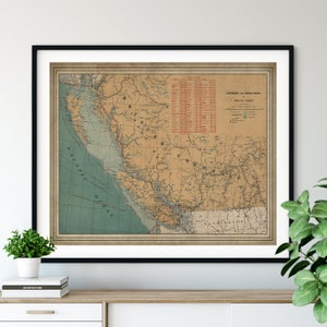 May include: Vintage map of the Pacific Coast of North America, showing lighthouses and sailing routes. The map is printed on aged paper with a beige background and features a detailed coastline with blue water and red lines indicating sailing routes. The map is framed in a black frame.