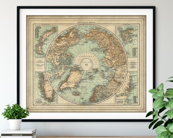 1895 North Polar Regions Map Print - Vintage Map Art, Antique Map Wall Art, Old Map Poster, Greenland, North America, Siberia, Bering Sea