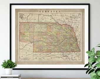 1897 Nebraska Map Print, Vintage Map Art, Antique Map, Old Map, Nebraska Wall Art, Nebraska Art, Nebraska Print, Moving Gift, State, County