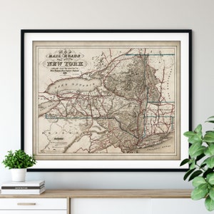 1857 New York Railroad Map Print, vintage NY State Map Art, Antique New York Map, Old Map, Railway Map, Train Gifts, Locomotive Wall Art