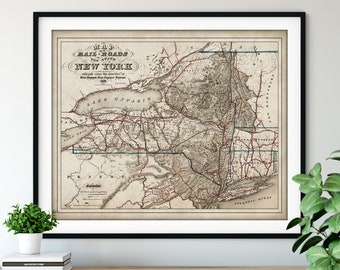 1857 New York Railroad Map Print, Vintage NY State Map Art, Antique New York Map, Old Map, Railway Map, Train Gifts, Locomotive Wall Art