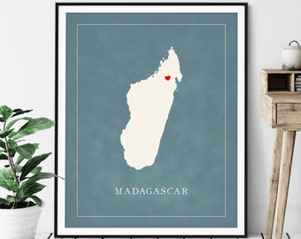 Custom Madagascar Map Art - Heart Over ANY City - Customized Country Map Silhouette, Personalized Gift, Hometown Love Print Travel Heart Map