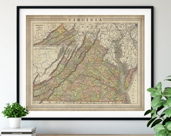 1897 Virginia Map Print, Vintage Map Art, Antique Map, Old Map, Virginia Wall Art, Virginia Art, Virginia Print, Moving Gift, State, County
